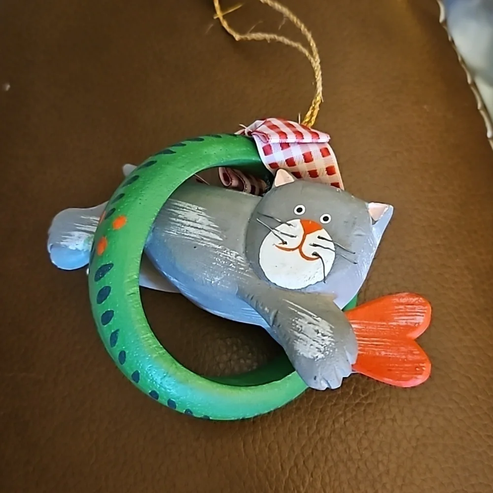 3/$30 Handpainted Christmas Cat and Wreath Ornament